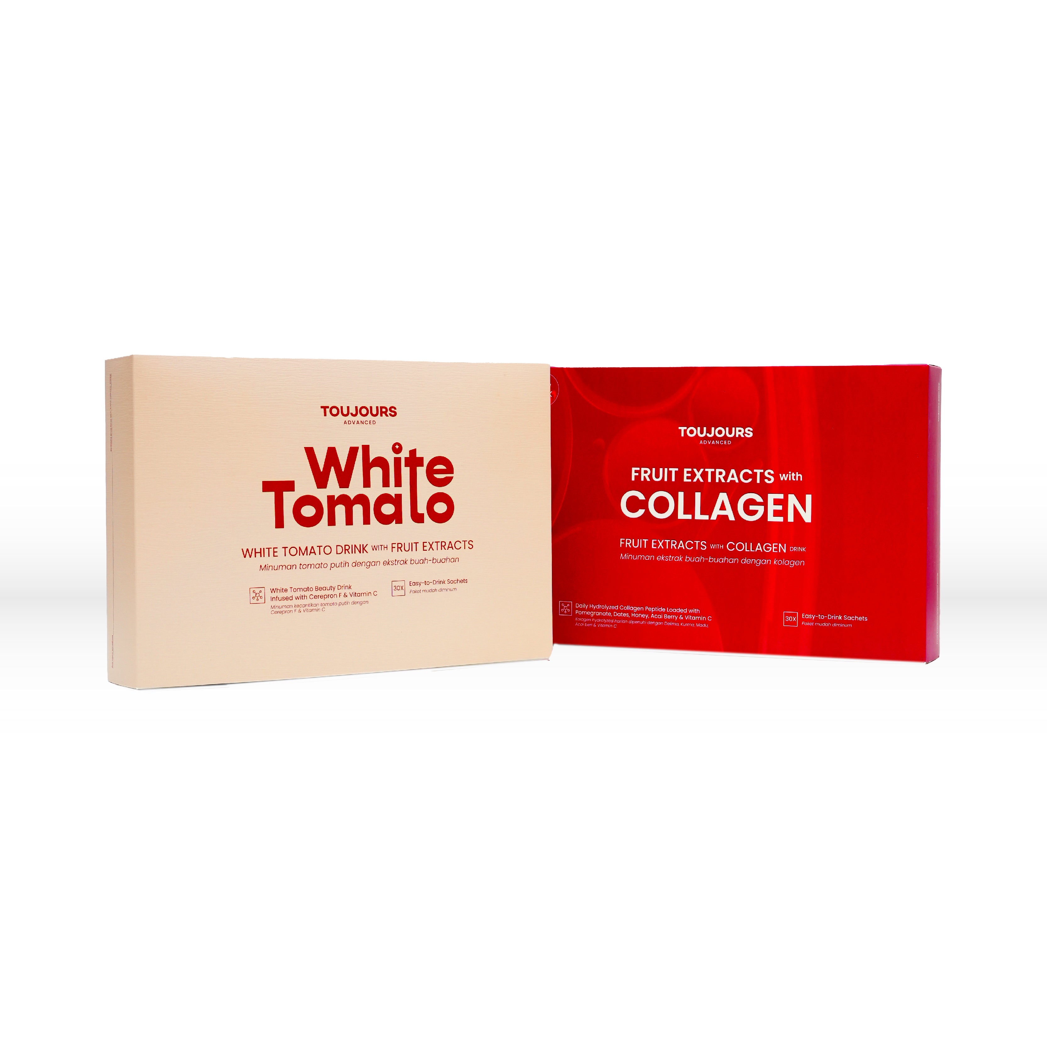 Booster Glow 2 - Toujours Advanced Fruit Extracts with Hydrolyzed Collagen Peptide Drink (30 Sachets) & Toujours Advanced White Tomato (30 Sachets)