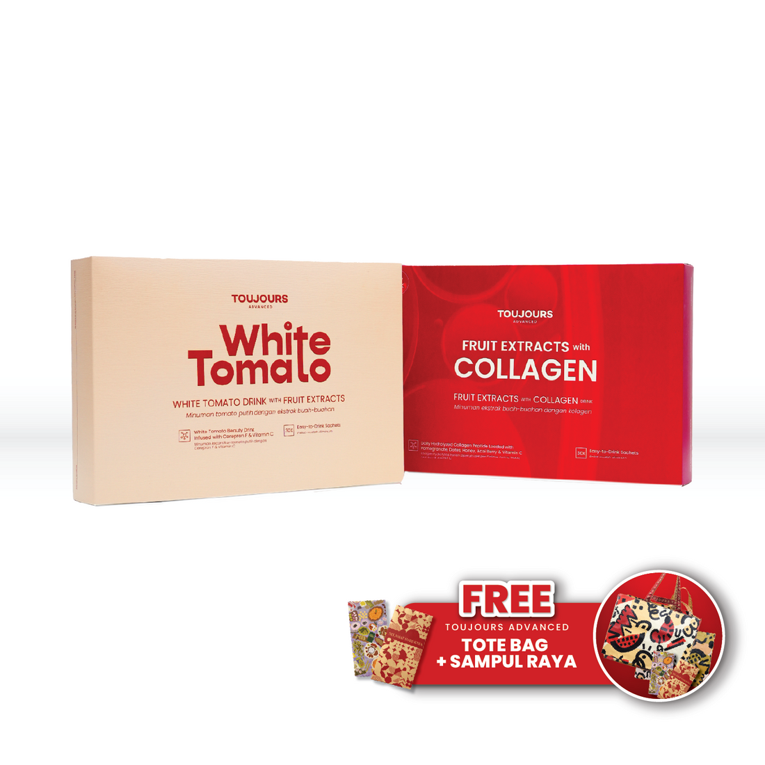 Booster Glow 2 - Toujours Advanced Fruit Extracts with Hydrolyzed Collagen Peptide Drink (30 Sachets) &amp; Toujours Advanced White Tomato (30 Sachets)