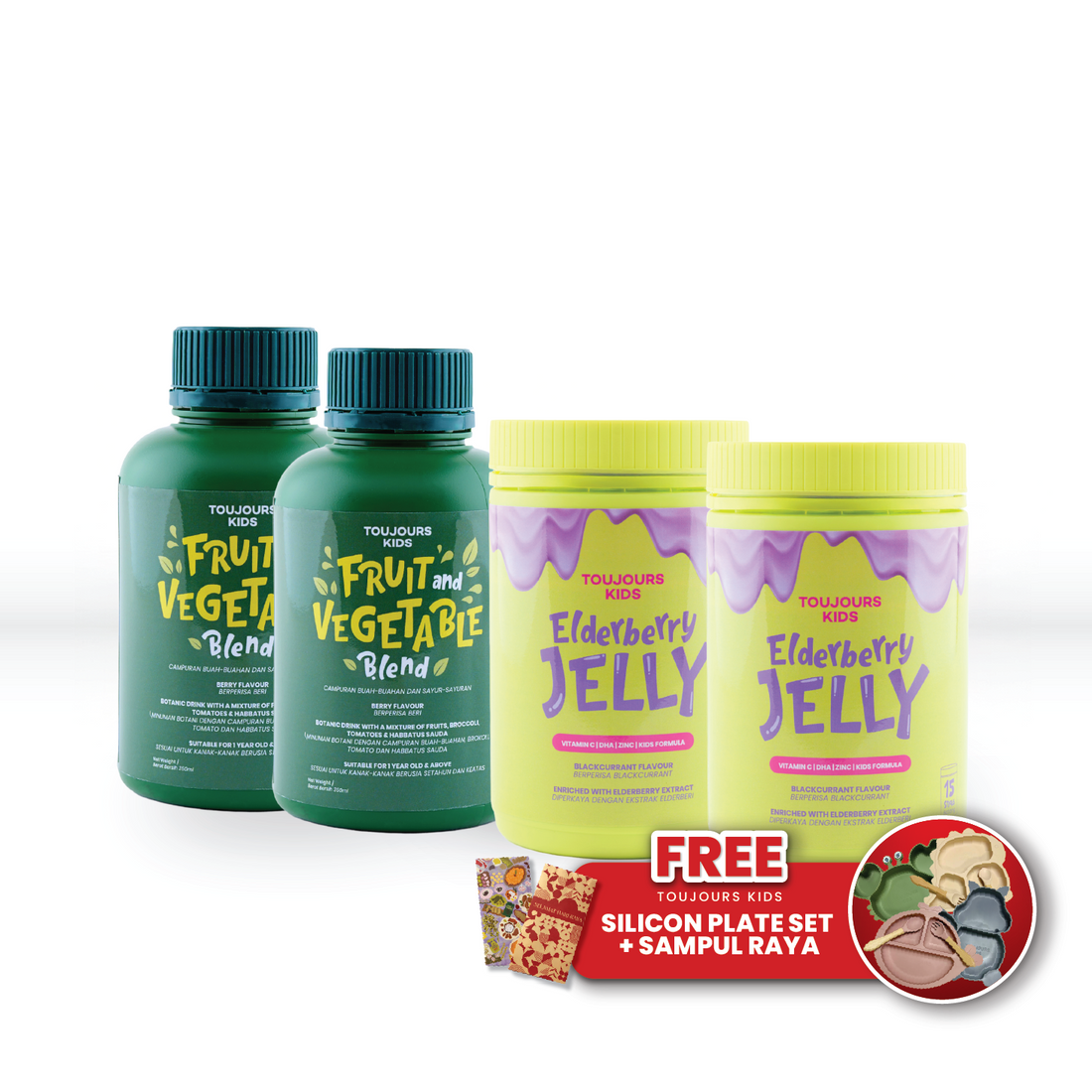 Happy Healthy Bundle Mixed - Toujours Kids Elderberry Jelly (2) + Toujours Kids Fruit &amp; Vegetable Blend (2)