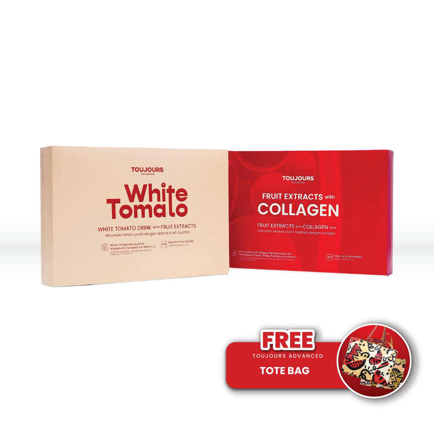 Booster Glow 2 - Toujours Advanced Fruit Extracts with Hydrolyzed Collagen Peptide Drink (30 Sachets) &amp; Toujours Advanced White Tomato (30 Sachets)